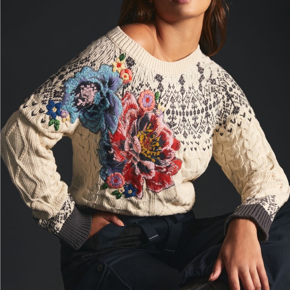 By Anthropologie Cable-Knit floral embroidered 
Fairisle Sweater XS